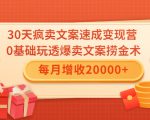 30天疯卖文案速成变现营,0基础玩透爆卖文案捞金术!每月增收20000+|淘骐网赚资源库