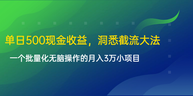单日500现金收益,洞悉截流大法,一个批量化无脑操作的月入3万小项目|淘骐网赚资源库