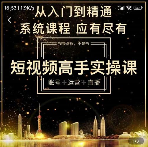 短视频高手实操课:账号+运营+直播,从入门到精通,系统课程,应有尽有|淘骐网赚资源库