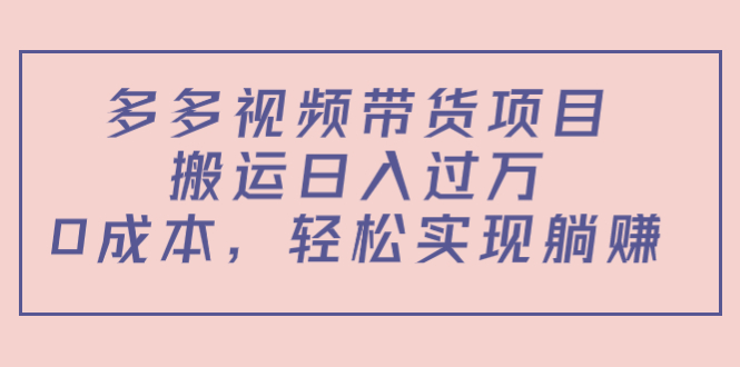 多多视频带货项目，搬运日入过万，0成本，轻松实现躺赚（教程+软件）|淘骐网赚资源库