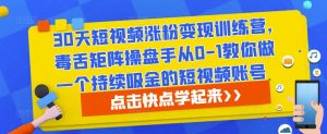 30天短视频涨粉变现训练营，毒舌矩阵操盘手从0-1教你做一个持续吸金的短视频账号|淘骐网赚资源库
