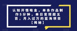 认知开悟吸金，单条作品制作5分钟，单日变现超五百，月入过万的蓝海项目【揭秘】-第一资源库