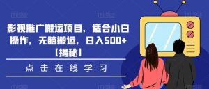 影视推广搬运项目，适合小白操作，无脑搬运，日入500+【揭秘】|淘骐网赚资源库