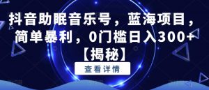 抖音助眠音乐号，蓝海项目，简单暴利，0门槛日入300+【揭秘】|淘骐网赚资源库
