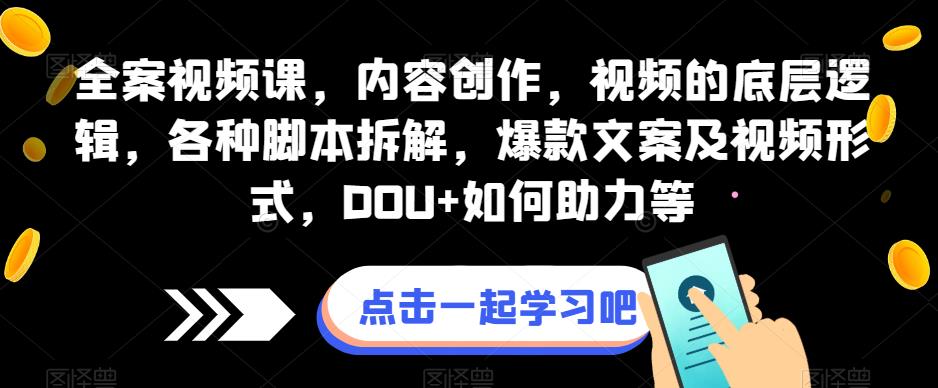 全案视频课,内容创作,视频的底层逻辑,各种脚本拆解,爆款文案及视频形式,DOU+如何助力等|淘骐网赚资源库