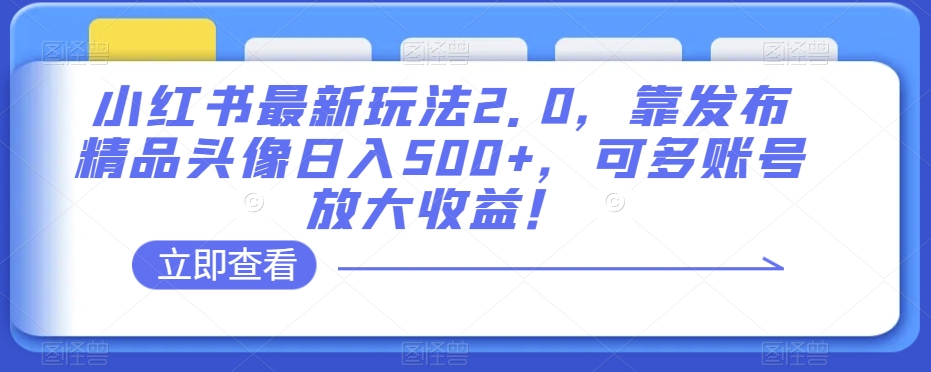 小红书最新玩法2.0,靠发布精品头像日入500+,可多账号放大收益!【揭秘】|淘骐网赚资源库