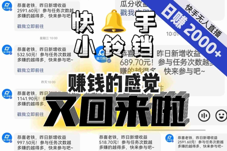 【无人直播】单号日入2000+，可矩阵、可放大，快手无人直播小铃铛，让狂赚的感觉又回来了！|淘骐网赚资源库