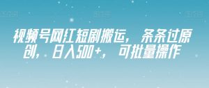 视频号网红短剧搬运，条条过原创，日入500+，可批量操作【揭秘】|淘骐网赚资源库