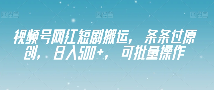 视频号网红短剧搬运，条条过原创，日入500+，可批量操作【揭秘】|淘骐网赚资源库