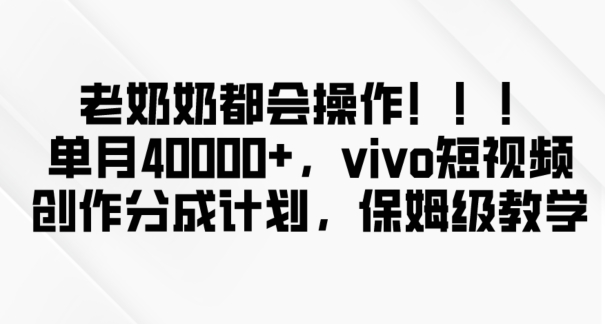 老奶奶都会操作,新平台无脑操作,单月40000+,vivo短视频创作分成计划【揭秘】|淘骐网赚资源库