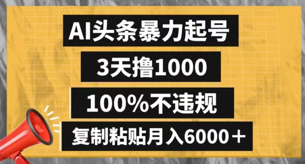 AI头条暴力起号，3天撸1000,100%不违规，复制粘贴月入6000＋【揭秘】|淘骐网赚资源库