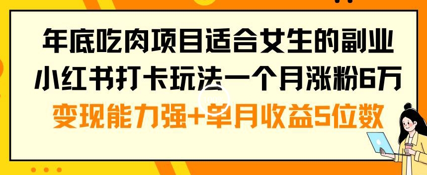 年底吃肉项目适合女生的副业小红书打卡玩法一个月涨粉6万+变现能力强+单月收益5位数【揭秘】|淘骐网赚资源库