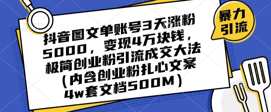 抖音图文单账号3天涨粉5000,变现4万块钱,极简创业粉引流成交大法|淘骐网赚资源库
