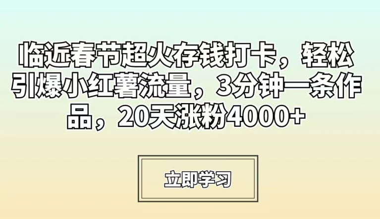 临近春节超火存钱打卡,轻松引爆小红薯流量,3分钟一条作品,20天涨粉4000+【揭秘】|淘骐网赚资源库