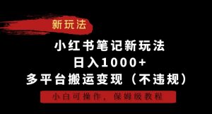 小红书笔记新玩法，日入1000+，多平台搬运变现（不违规），小白可操作，保姆级教程【揭秘】|淘骐网赚资源库