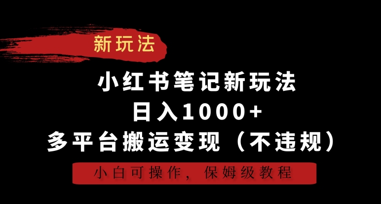 小红书笔记新玩法,日入1000+,多平台搬运变现(不违规),小白可操作,保姆级教程【揭秘】|淘骐网赚资源库