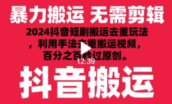 2024最新抖音搬运技术，抖音短剧视频去重，手法搬运，利用工具去重，达到秒过原创的效果【揭秘】|淘骐网赚资源库