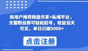 新用户推荐网盘共享+私域平台，无需粉丝即可轻松起号，收益当天可见，单日已破5000+【揭秘】|淘骐网赚资源库