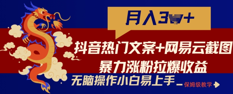 抖音热门文案+网易云截图暴力涨粉拉爆收益玩法，小白无脑操作，简单易上手【揭秘】|淘骐网赚资源库