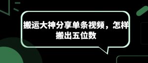 搬运大神分享单条视频，怎样搬出五位数|淘骐网赚资源库