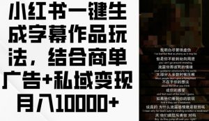 小红书一键生成字幕作品玩法,结合商单广告+私域变现月入1w+【揭秘】|淘骐网赚资源库