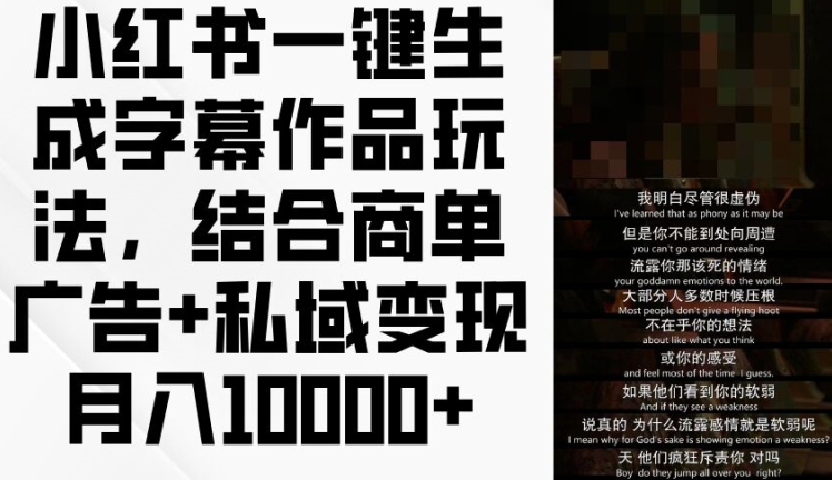 小红书一键生成字幕作品玩法,结合商单广告+私域变现月入1w+【揭秘】|淘骐网赚资源库