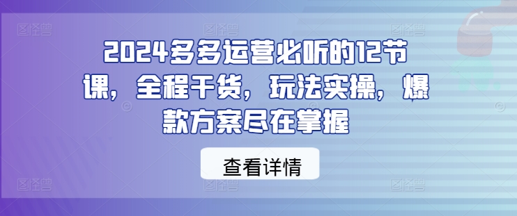 2024多多运营必听的12节课,全程干货,玩法实操,爆款方案尽在掌握|淘骐网赚资源库