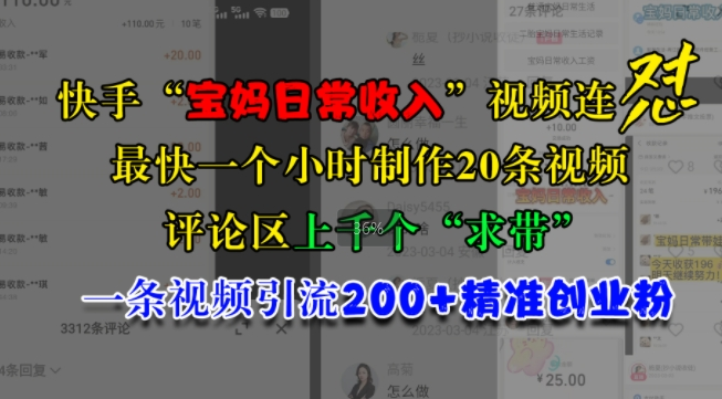 快手“宝妈日常收入”视频连怼,一个小时制作20条视频,评论区上千个“求带”,一条视频引流200+精准创业粉|淘骐网赚资源库