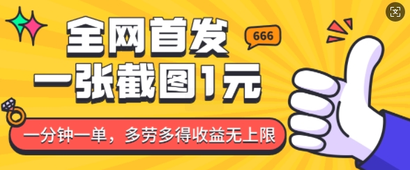 全网首发，一张截图1块钱，一分钟一单，多劳多得，收益无上限|淘骐网赚资源库