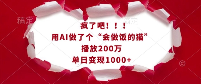 疯了吧!用AI做了个“会做饭的猫”,播放200万,单日变现1k|淘骐网赚资源库