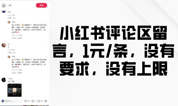 小红书评论区留言,1元条,没有要求,没有上限|淘骐网赚资源库