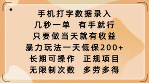 手机打字数据录入,几秒一单,有手就行,只要做当天就有收益,暴力玩法一天低保2张|淘骐网赚资源库