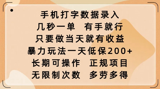 手机打字数据录入,几秒一单,有手就行,只要做当天就有收益,暴力玩法一天低保2张|淘骐网赚资源库