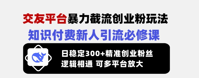 交友平台暴力截流创业粉玩法,知识付费新人引流必修课,日稳定300+精准创业粉丝,逻辑相通可多平台放大|淘骐网赚资源库