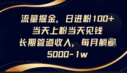 流量掘金,日进粉100+,当天上粉当天见钱,长期管道收入,每月躺挣5k|淘骐网赚资源库