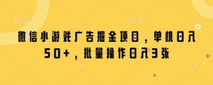 微信小游戏广告掘金项目，单机日入50+，批量操作日入3张|淘骐网赚资源库