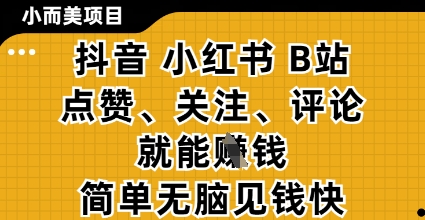 小而美的项目,抖音小红书B站视频点赞、关注、评论就能挣钱,简单无脑立见收益,妥妥的零撸项目【揭秘】|淘骐网赚资源库