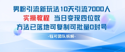 男粉引流新玩法10天引流7000人当日变现四位数可复制可批量0封号|淘骐网赚资源库