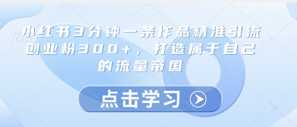 小红书3分钟一条作品精准引流创业粉300+,打造属于自己的流量帝国|淘骐网赚资源库