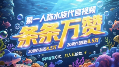 第一人称水族代言视频,条条万赞,20条作品涨粉7.8W,多种变现方式月入五位数|淘骐网赚资源库