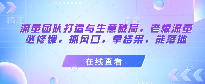 流量团队打造与生意破局，老板流量必修课，抓风口，拿结果，能落地|淘骐网赚资源库