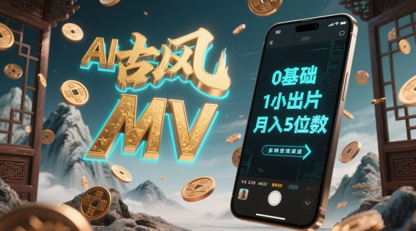 AI一键生成古风音乐MV,0剪辑基础1小时出片,多种变现渠道,一部手机月入5位数|淘骐网赚资源库