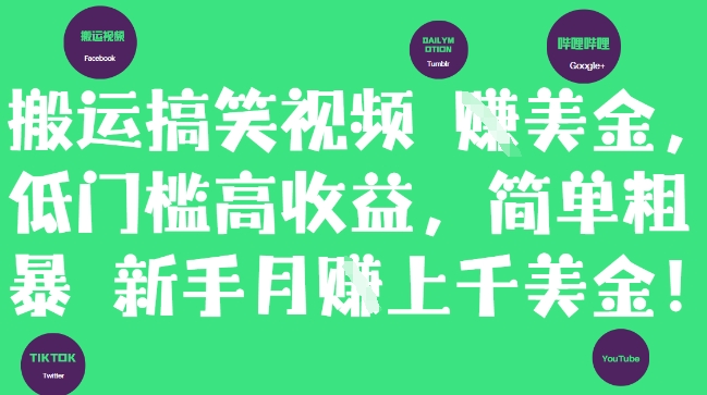 搬运搞笑视频挣美金,低门槛高收益,简单粗暴新手月入上千美刀|淘骐网赚资源库