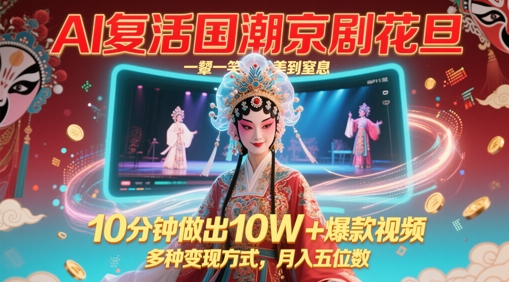 AI复活国潮京剧花旦,一颦一笑美到窒息,10分钟做出10W+爆款视频,多种变现方式,月入五位数|淘骐网赚资源库