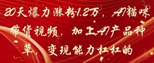 20天爆力涨粉1.2W，AI猫咪带货视频，加上AI产品种草，变现能力杠杠的|淘骐网赚资源库