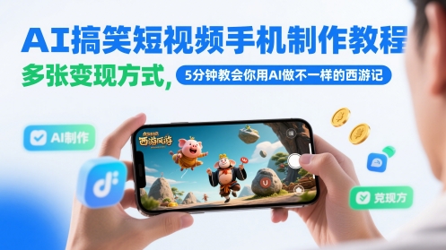 AI搞笑短视频手机制作教程，多张变现方式，5分钟教会你用AI做不一样的西游记|淘骐网赚资源库