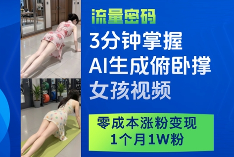 3分钟掌握AI生成俯卧撑女孩视频,零成本涨粉变现,1个月1W粉|淘骐网赚资源库