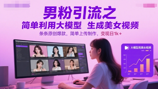 男粉引流之简单利用大模型生成美女视频，条条原创爆款，简单上传制作，变现日1k+|淘骐网赚资源库