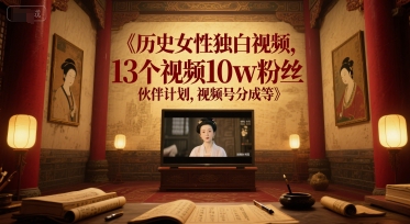 历史女性独白视频，13个视频10w粉丝，伙伴计划，视频号分成等|淘骐网赚资源库