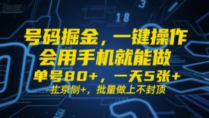 号码掘金,一键操作,会用手机就能做,单号80+,一天5张+,批量做上不封顶【揭秘】|淘骐网赚资源库